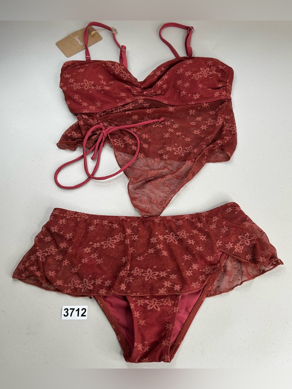 Samiol Red Floral Lace Irregular Hem Tankini Bikini Set Size Small